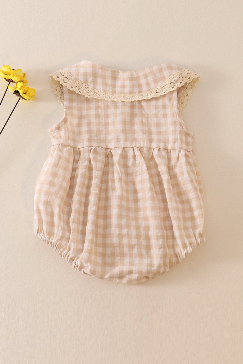 Cream plaid linen button girl bubble