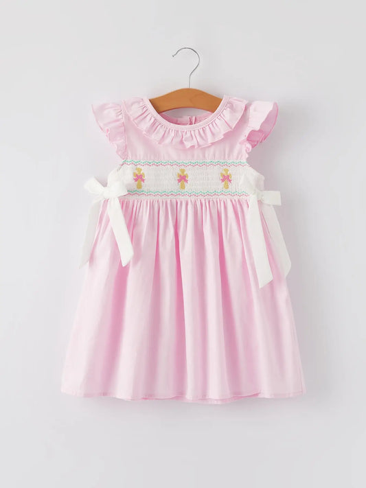 Smocking Easter Embroidered Ruffles Girls Pink Dress