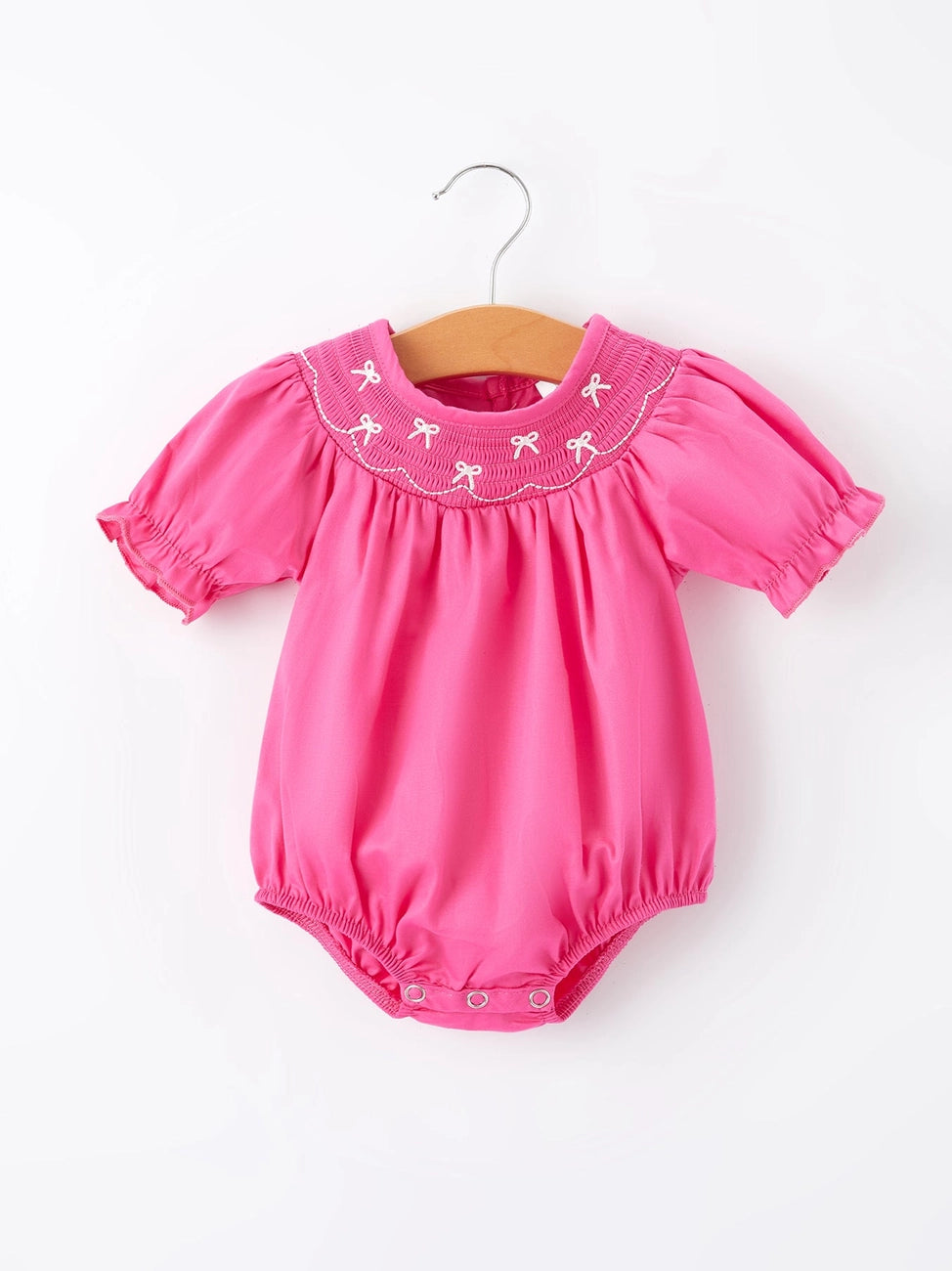 Girls Bow Smocking Embroidery Hot Pink Romper